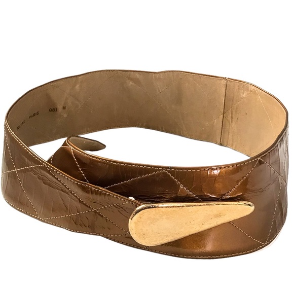 Retro Belt Embossed Copper Color Wide Belt Narrows to Gold Teardrop Buckle Sz M - Picture 2 of 13